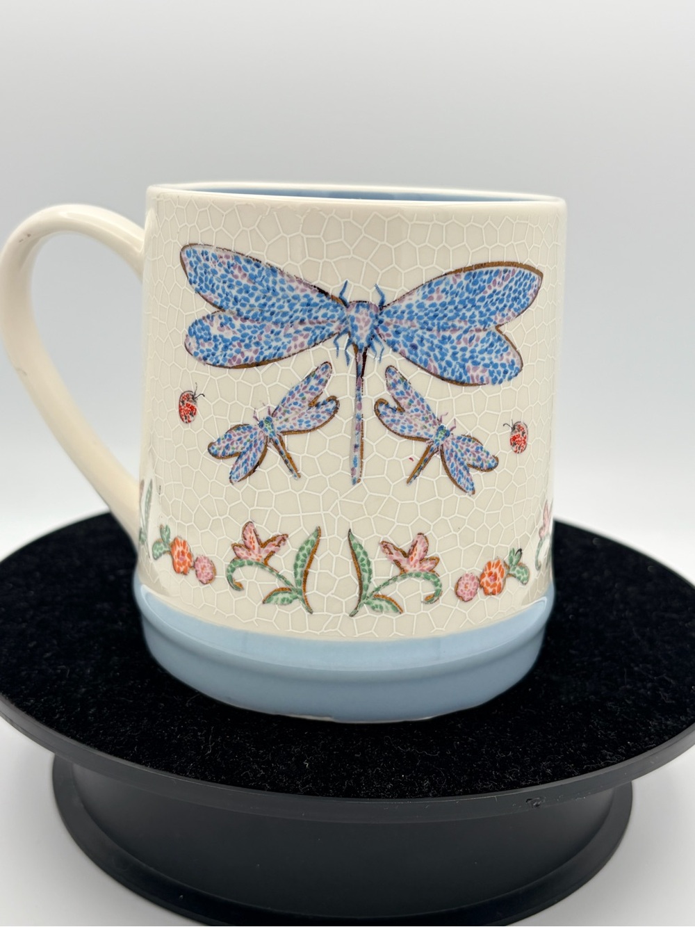 Seeds and sunshine 20 ounce dragonfly, coffee, tea, mug, blue and white cracker